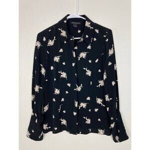 Something Navy Floral Chiffon Blouse XS Black Etched Print Long Sleeve Button Fr